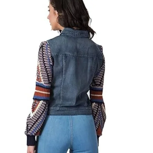 Flying Tomato Size Medium Boho Sweater Sleeve Denim Jacket - Picture 4 of 10
